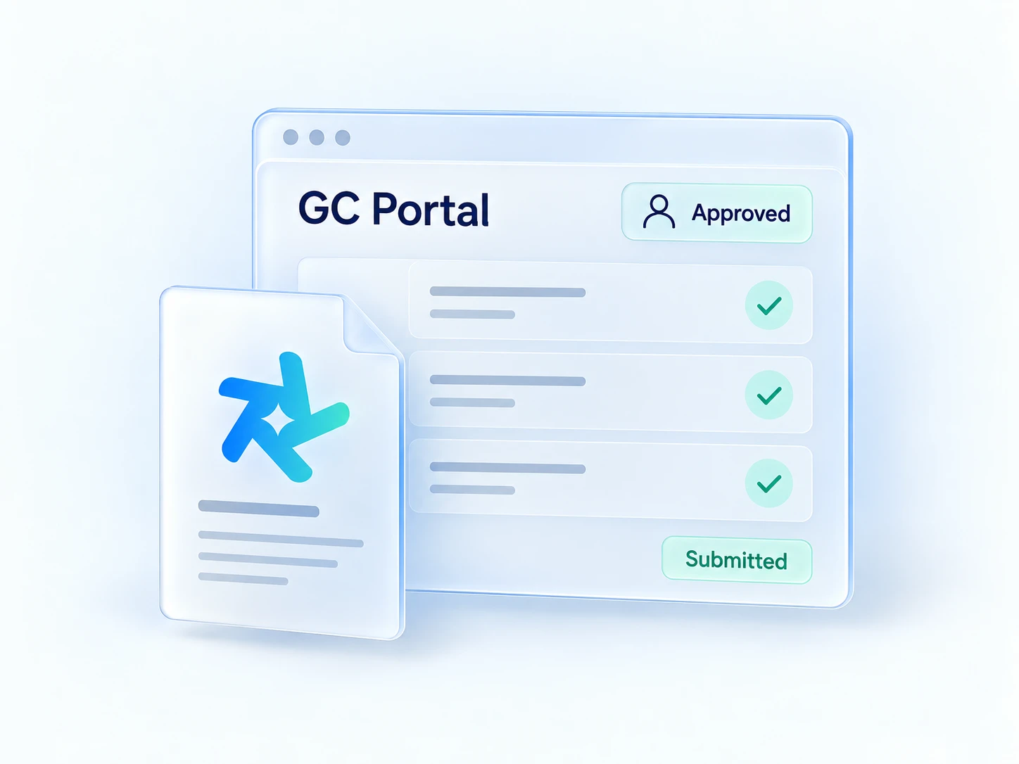 A Zelo invoice beside a GC portal with approved documents and a completed submission.